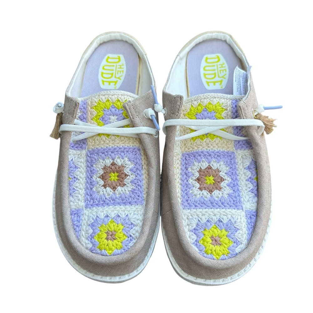 Hey Dude Wendy Slip Cottage Crochet Wood Ash Slip On Mules Womens Size 9 NEW